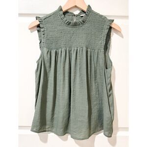 Nanette Lepore Smocked Sleeveless Lettuce Edge Boho Top Blouse Olive Green M